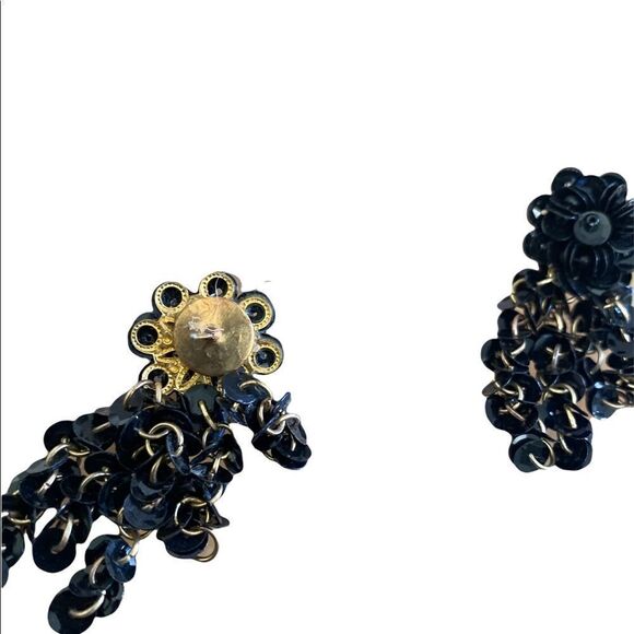 Vintage earrings, black sequin, flower, cluster fringe , pierced - Picture 3 of 4
